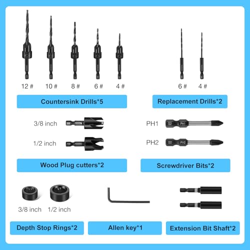 FACAINCXS Countersink Drill Bit Set for Wood, 16 PCS High Speed Steel Woodworking Tapered Drill Bits Counter Sink Drill Bit with 2PCS 1/4" Hex Shank Wood Plug Cutter Quick Change with Storage Box - Image 2