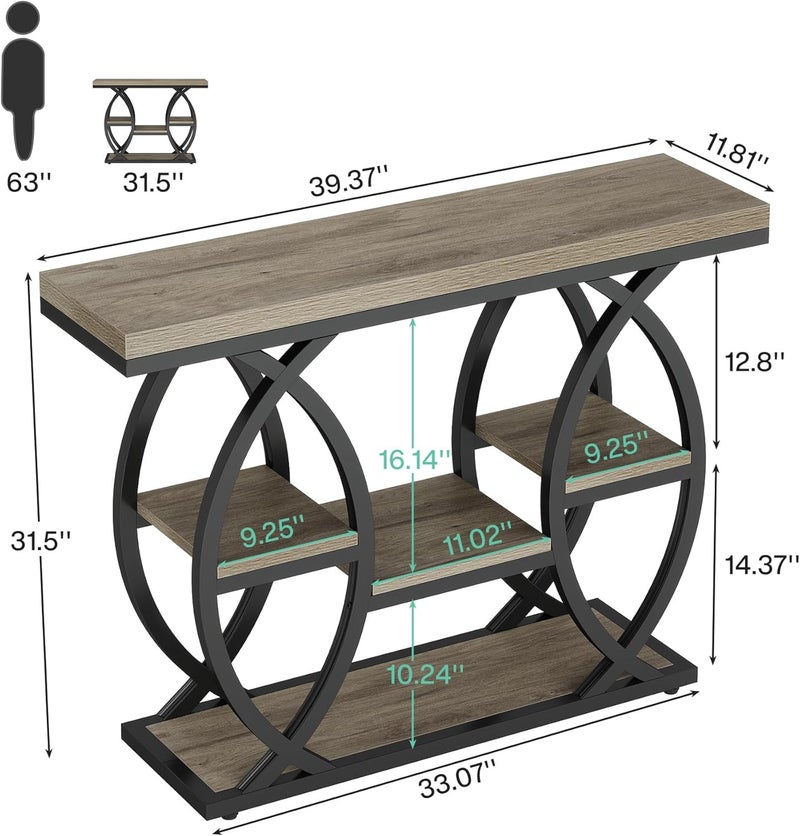 Tribesigns 100cm Console Table, Industrial 4-Tier Sofa Table Entryway Table with Storage Shelves, Narrow Wood Accent Tables with Metal Frame for Small Spaces, Hallway, Foyer, Grey - Image 2