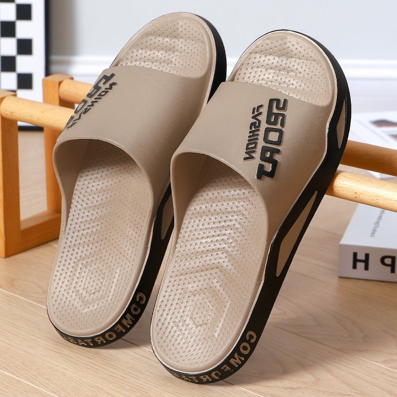 2023 Korean Mens Trendy Slides Durable Thick Sole Home Bath Slippers Khakis