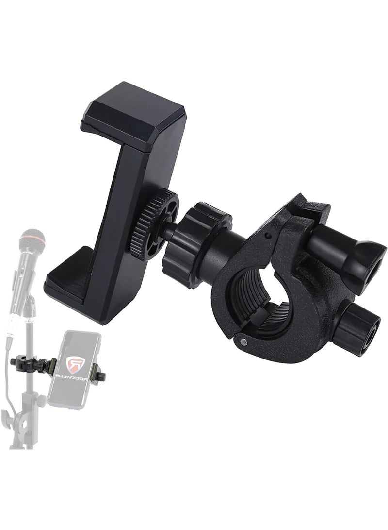 SYOSI حامل هاتف لوقوف الميكروفون، حامل هاتف دوار 360° لوقوف الميكروفون وكاميرا الويب، مشبك ضوء فلاش الكاميرا للبث المباشر، تصوير الفيديوهات، يعمل مع معظم الهواتف المحمولة (أسود) - Image 1