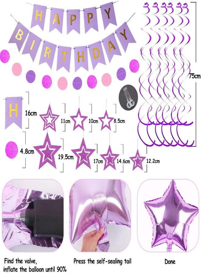Douvelue Purple Birthday Decorations, Happy Birthday Banner and Purple Star Balloons, Glitter Hanging Stars with Hanging Swirls, Circle Dot Paper Garland, for Women Girls Party Decoration - Image 5