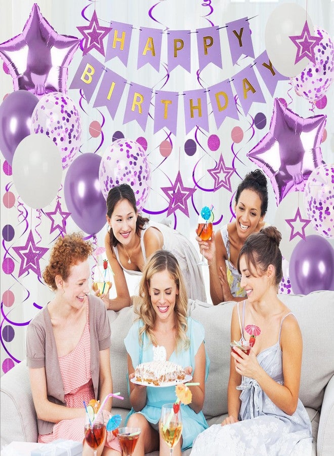 Douvelue Purple Birthday Decorations, Happy Birthday Banner and Purple Star Balloons, Glitter Hanging Stars with Hanging Swirls, Circle Dot Paper Garland, for Women Girls Party Decoration - Image 3