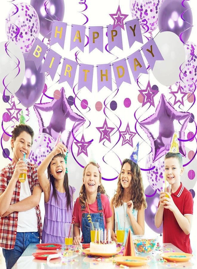 Douvelue Purple Birthday Decorations, Happy Birthday Banner and Purple Star Balloons, Glitter Hanging Stars with Hanging Swirls, Circle Dot Paper Garland, for Women Girls Party Decoration - Image 4