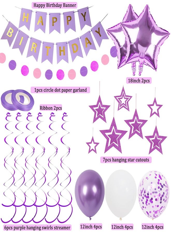 Douvelue Purple Birthday Decorations, Happy Birthday Banner and Purple Star Balloons, Glitter Hanging Stars with Hanging Swirls, Circle Dot Paper Garland, for Women Girls Party Decoration - Image 2