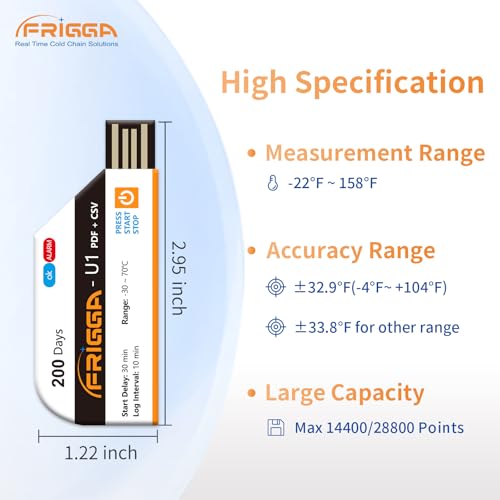 Frigga 10 Pack Temperature Data Logger Disposable Temperature Recorder 28800 Points USB Temperature Loggers Single Use High Accuracy 200 Days Cold Chain Transportation with PDF CSV Report, U1 - Image 3