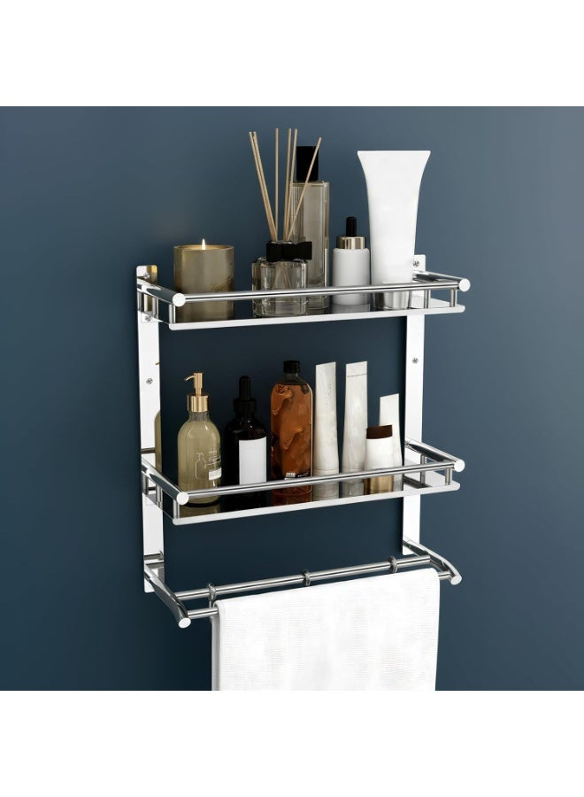 Plantex Bathroom Organizer with Drill/Stainless Steel Bathroom Rack Shelf with Towel Holder/Towel Rod and Hooks (3-Tier, Chrome) - Image 1