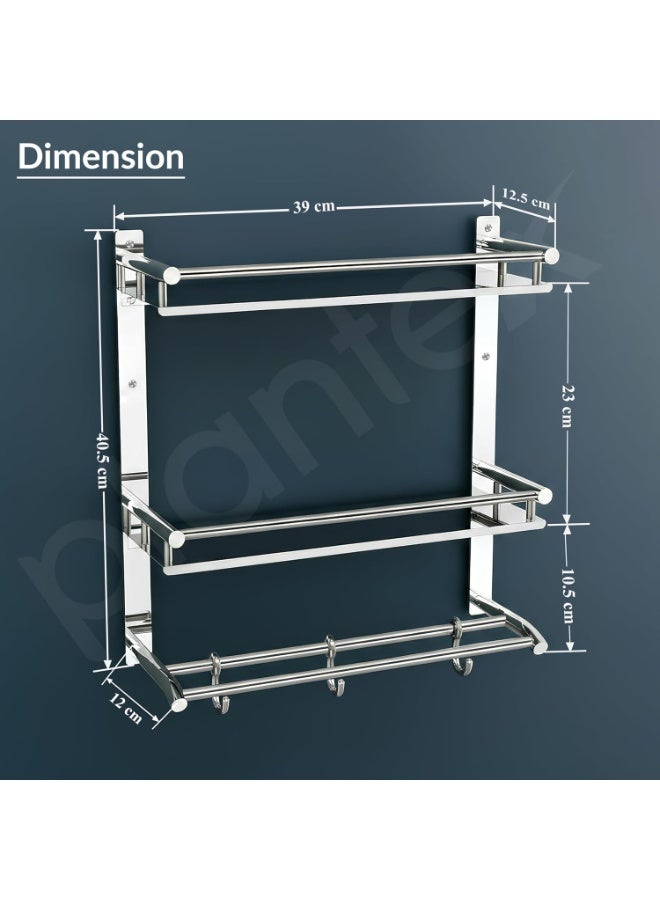 Plantex Bathroom Organizer with Drill/Stainless Steel Bathroom Rack Shelf with Towel Holder/Towel Rod and Hooks (3-Tier, Chrome) - Image 3