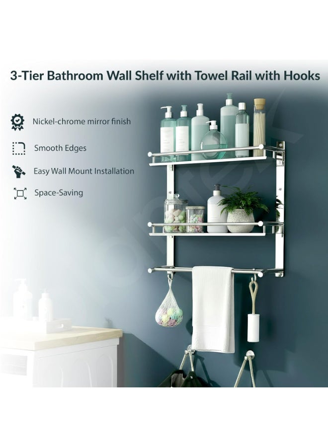Plantex Bathroom Organizer with Drill/Stainless Steel Bathroom Rack Shelf with Towel Holder/Towel Rod and Hooks (3-Tier, Chrome) - Image 2