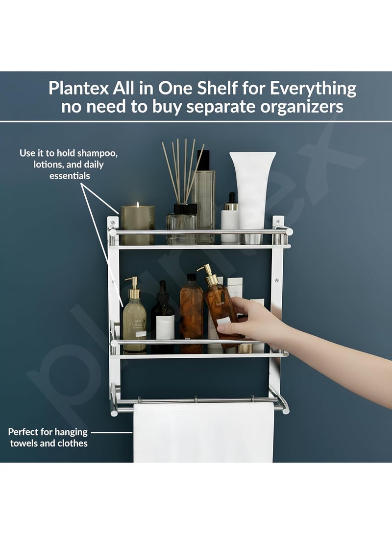 Plantex Bathroom Organizer with Drill/Stainless Steel Bathroom Rack Shelf with Towel Holder/Towel Rod and Hooks (3-Tier, Chrome) - Image 4