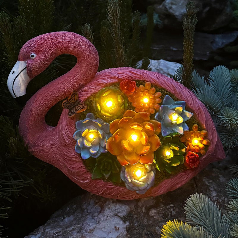 Mood Lab Garden Decor Flamingo Statue 9 Inch Width Solar Figurine 8 LED Solar Lights in Succulent Flowers Yard Patio Lawn Indoor Outdoor Decoration