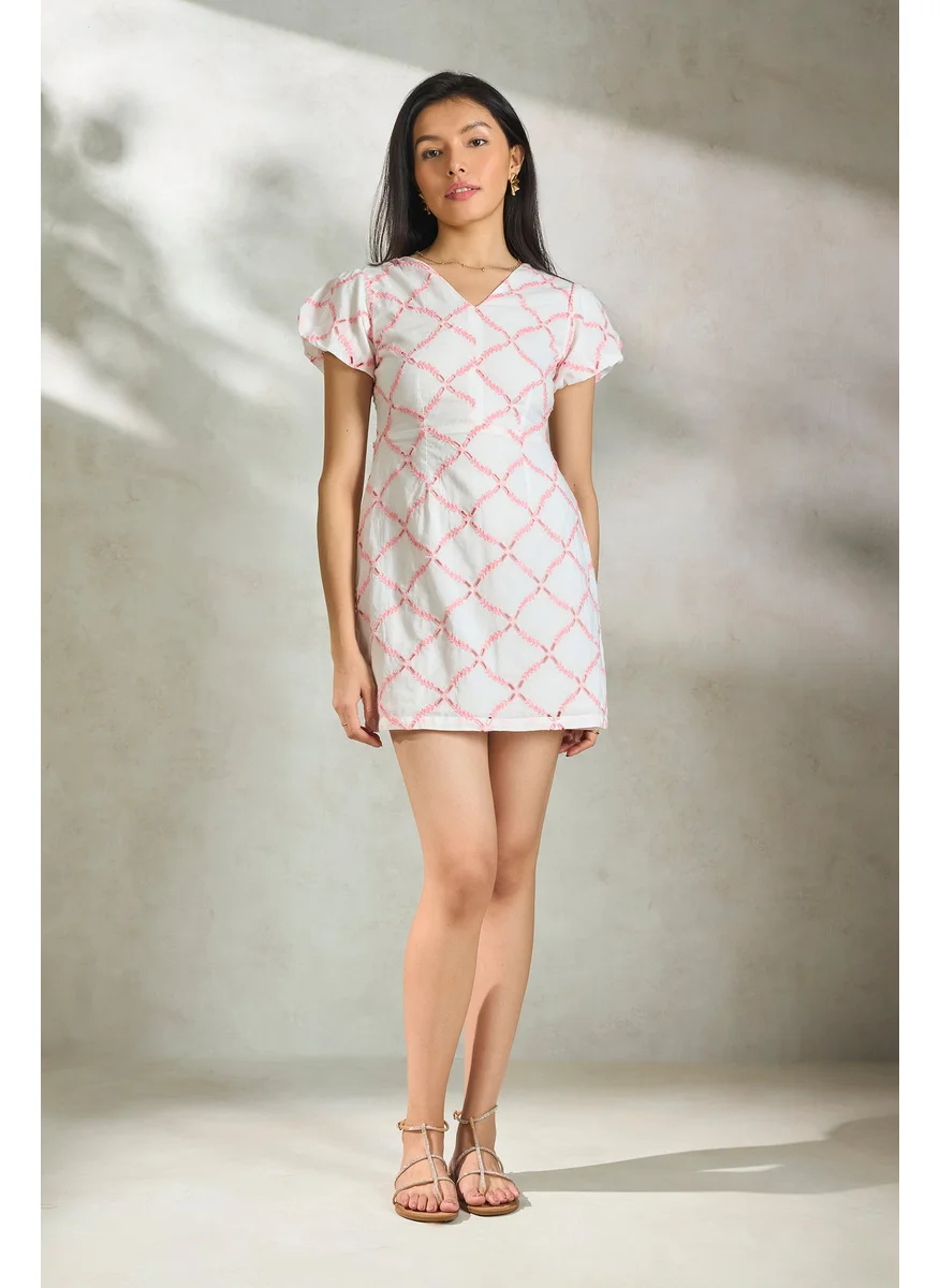 Virgio Virgio Women Embroidered V-Neck Half Sleeve Cotton Mini Length Dress