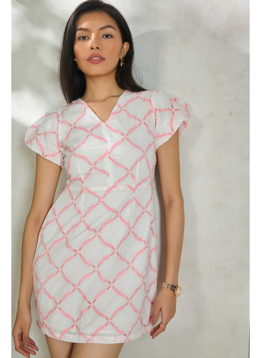 Virgio Virgio Women Embroidered V-Neck Half Sleeve Cotton Mini Length Dress