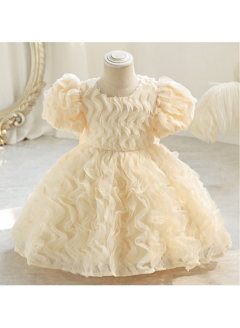 1pc Girls Puffy Sleeve Tulle Princess Dress – Elegant Party Dress for Kids, Princess Dresses for Girls, Birthday Dress, Tulle Dress, Girls Frock, Kids Girl Dress, Kids Wear Girls – Champagne Color, 120cm (6-8Y) - Image 2