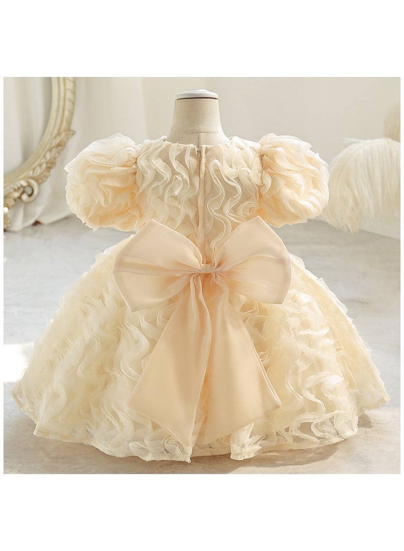 1pc Girls Puffy Sleeve Tulle Princess Dress – Elegant Party Dress for Kids, Princess Dresses for Girls, Birthday Dress, Tulle Dress, Girls Frock, Kids Girl Dress, Kids Wear Girls – Champagne Color, 120cm (6-8Y) - Image 1