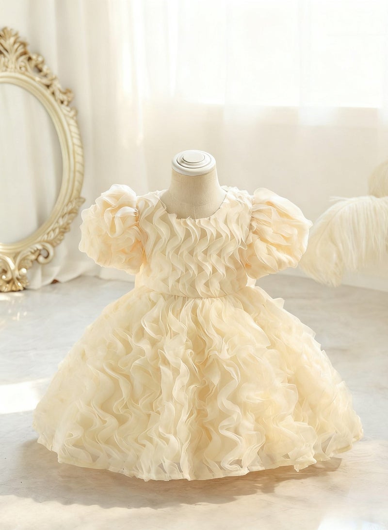1pc Girls Puffy Sleeve Tulle Princess Dress – Elegant Party Dress for Kids, Princess Dresses for Girls, Birthday Dress, Tulle Dress, Girls Frock, Kids Girl Dress, Kids Wear Girls – Champagne Color, 120cm (6-8Y) - Image 2