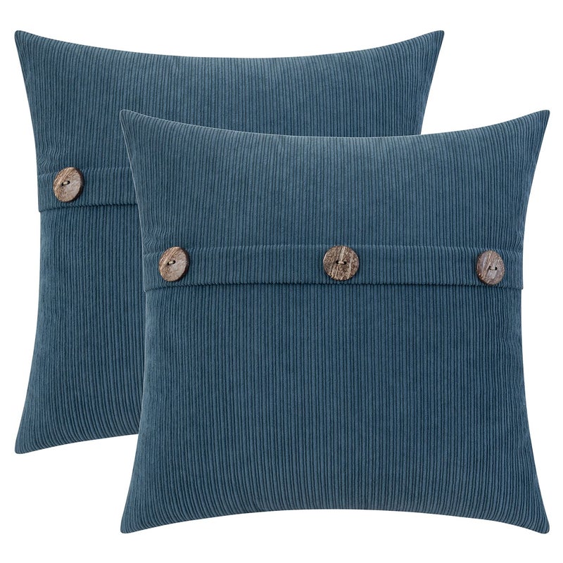 HWY 50 Blue Chenille Throw Pillow Covers 18x18 Inch with Triple Buttons Soft Farmhouse Accent Decorative Cushion Cases for Couch Sofa Bed Living Room Pack of 2