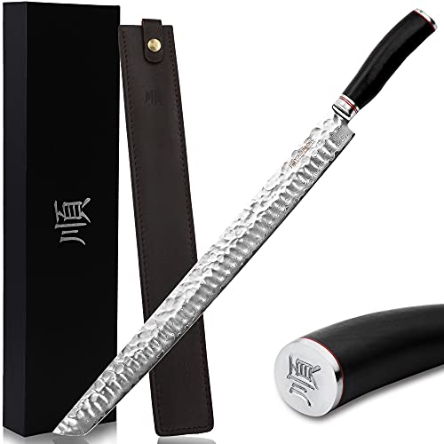 YOUSUNLONG Sakimaru Knife 15 inch(380mm) Ultimate Japanese Damascus Steel Fillet Knives Suitable for cutting tuna and salmon-Natural Ebony Handle With Leather Sheath - Image 1