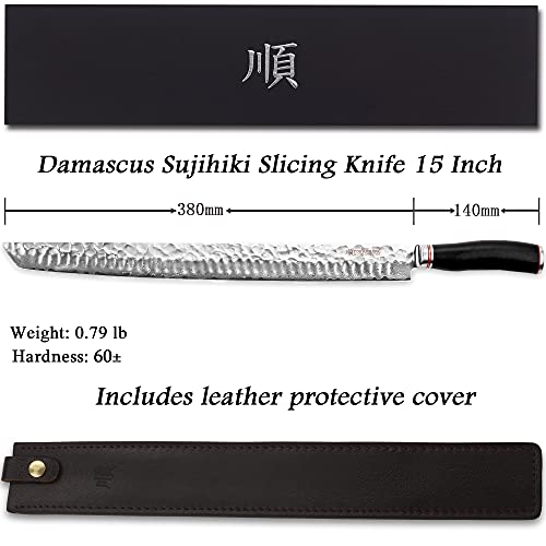 YOUSUNLONG Sakimaru Knife 15 inch(380mm) Ultimate Japanese Damascus Steel Fillet Knives Suitable for cutting tuna and salmon-Natural Ebony Handle With Leather Sheath - Image 3