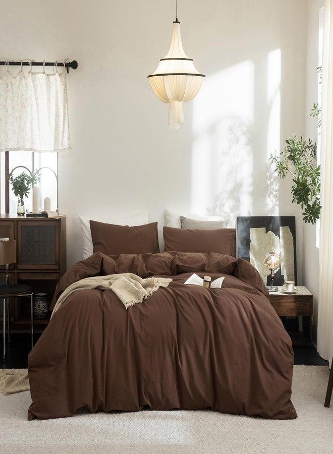 FOSSA Cover for Duvet Set, 100% Washed Cotton Linen Duvet Cover Feel Super Soft Breathable Lightweight 3 Pcs Bedding Sets Cocoa Brown King - Image 1