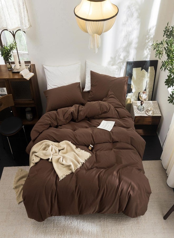 FOSSA Cover for Duvet Set, 100% Washed Cotton Linen Duvet Cover Feel Super Soft Breathable Lightweight 3 Pcs Bedding Sets Cocoa Brown King - Image 4