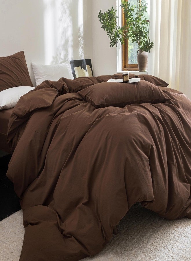 FOSSA Cover for Duvet Set, 100% Washed Cotton Linen Duvet Cover Feel Super Soft Breathable Lightweight 3 Pcs Bedding Sets Cocoa Brown King - Image 3