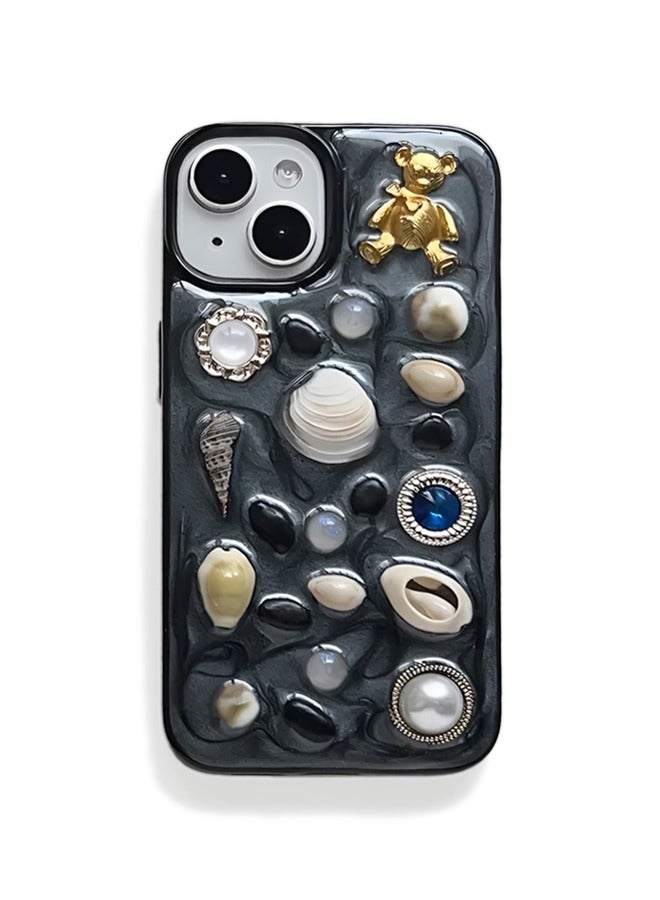 Phone Case For  iPhone 15, Very stylish creative design, pure handcrafted, 3D shell pearls and gems the Phone Case for  Women Girls Glitter Black - Image 1