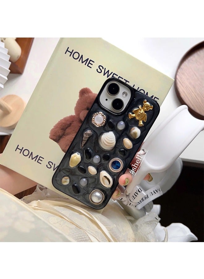 Phone Case For  iPhone 15, Very stylish creative design, pure handcrafted, 3D shell pearls and gems the Phone Case for  Women Girls Glitter Black - Image 2