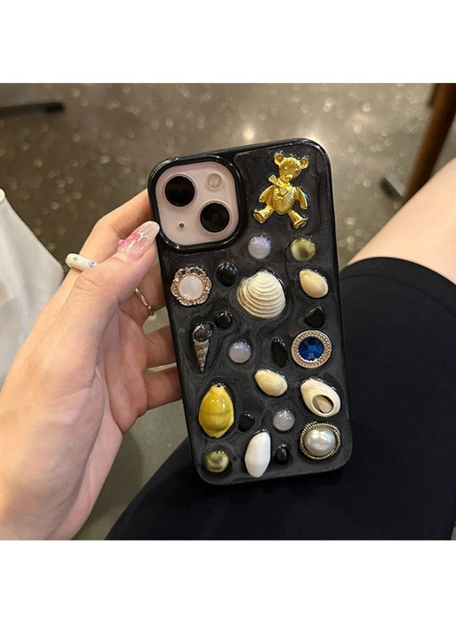 Phone Case For  iPhone 15, Very stylish creative design, pure handcrafted, 3D shell pearls and gems the Phone Case for  Women Girls Glitter Black - Image 5