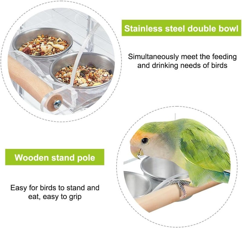 DONGKER Bird Food and Water Bowl, Transparent Bird Feeder for Cage, Stainless Steel Double Bird Bowls with Non-Slip Stand for Parakeets, Psittacus Erithacus, Lovebirds, Budgies - Image 2