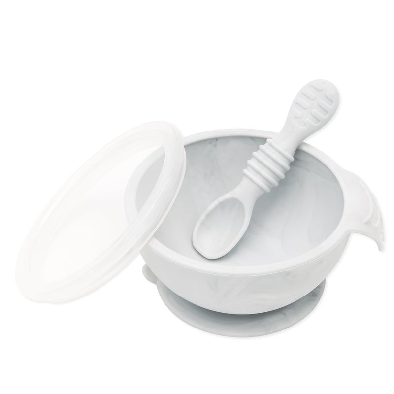 Bumkins Baby Bowl Silicone Baby Feeding Set with Suction for Baby and Toddler Includes Spoon and Lid First Feeding Set Essential for Baby Led Weaning for Babies 4 Months Marble