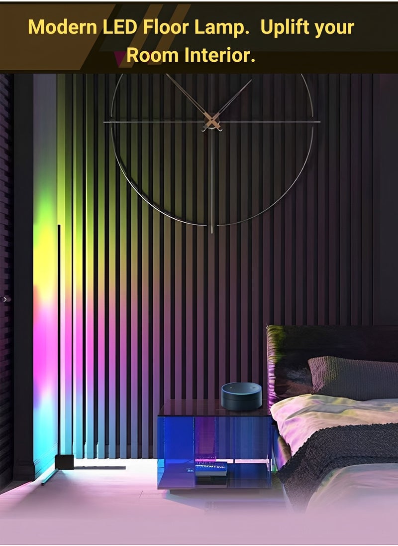 ABJ - LED Corner Floor Lamp Colorful Gaming Lighting, Remote Control Brightness Adjustment Timer Bright 5050 RGB Colors DIY Multiple Modes, RGB LED Floor Light for Bedroom Iron Black 1.42 Meter - Image 1