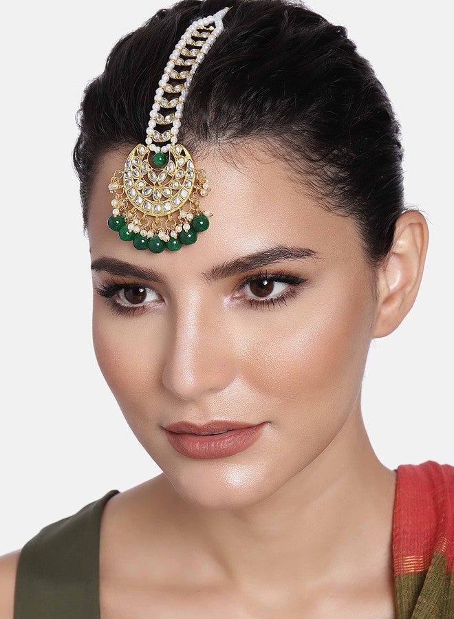 أهلي Aheli Faux Kundan Maang Tikka Matha Patti مجوهرات بوليوود الهندية التقليدية هدية للنساء (أخضر) - Image 2