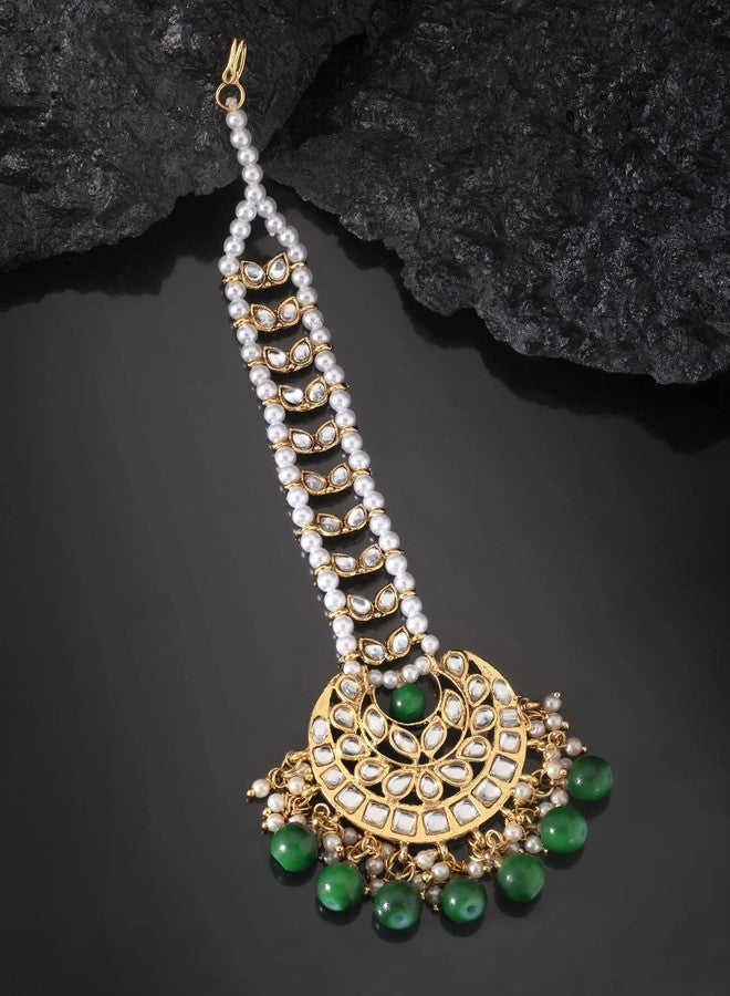 أهلي Aheli Faux Kundan Maang Tikka Matha Patti مجوهرات بوليوود الهندية التقليدية هدية للنساء (أخضر) - Image 3