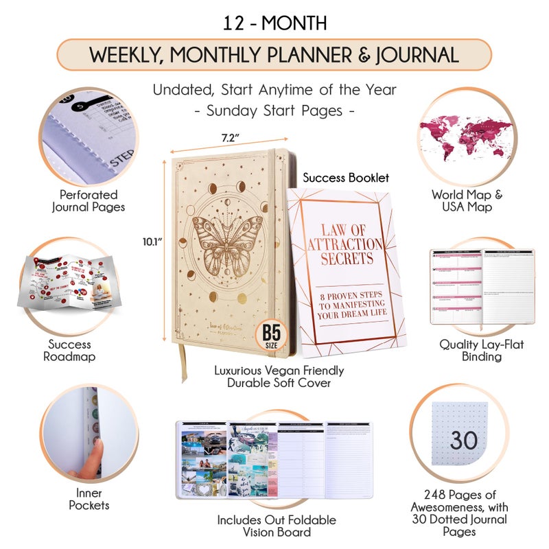 Freedom Mastery Law of Attraction Planner â€“ Undated Hourly, Weekly & Monthly Goal Setting Planner, 12-Month to Increase Productivity | Life & Gratitude Journal, Include Foldable Vision Board, Gift Box & Stickers - Image 2