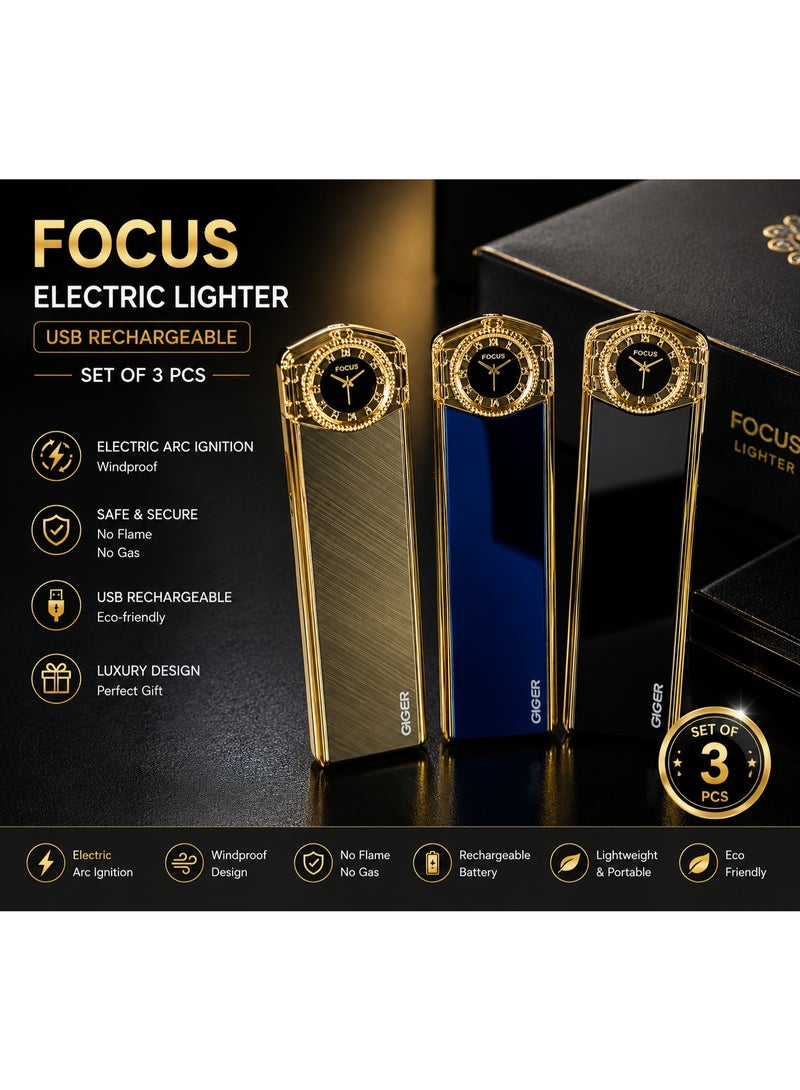 FOCUS USB Rechargeable Electric Lighter – Windproof Flameless Luxury Metal Lighter Set of 3 PCS - Image 1
