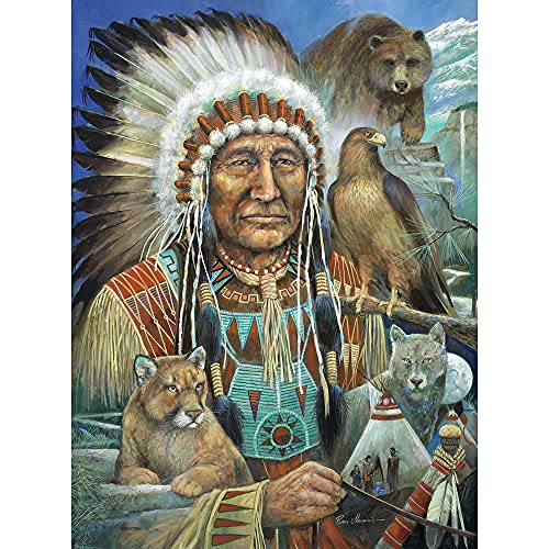 Bits and Pieces 300 Piece Jigsaw Puzzle for Adults 18 X 24 Chief Sitting Bear 300 pc Native American Chief Animal Spirits Wolf Eagle Tent Jigsaw by Artist Ruane Manning - Image 1