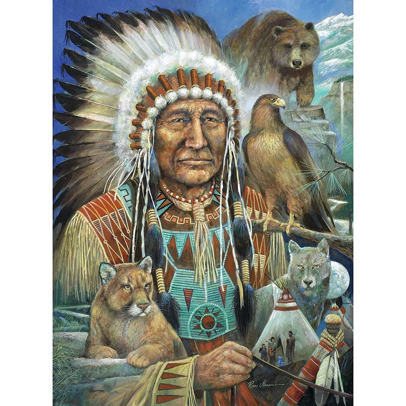 Bits and Pieces 300 Piece Jigsaw Puzzle for Adults 18 X 24 Chief Sitting Bear 300 pc Native American Chief Animal Spirits Wolf Eagle Tent Jigsaw by Artist Ruane Manning - Image 3