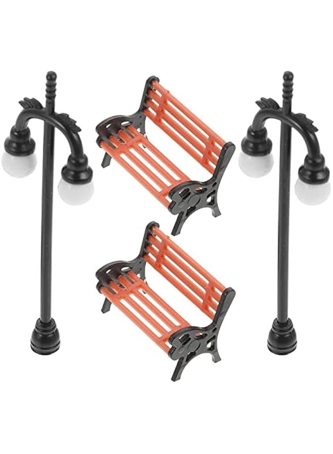 2 Sets Miniature Street Bench Model Railway Train Lamp Post Dollhouse Lamp Post Fairy Garden Dollhouse Bench Micro Landscape Accessories  - Image 1
