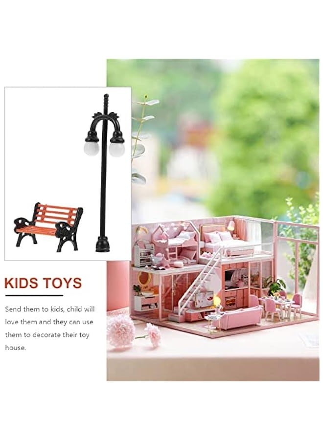 2 Sets Miniature Street Bench Model Railway Train Lamp Post Dollhouse Lamp Post Fairy Garden Dollhouse Bench Micro Landscape Accessories  - Image 2