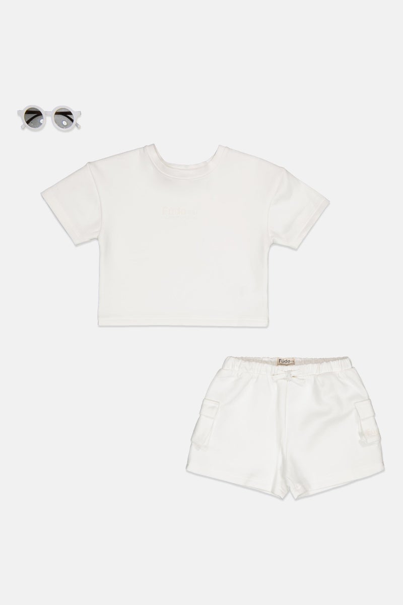 Fudo Kids Girl 3 Pieces Brand Logo T-Shirt And Shorts With Sunglasses, White - Image 3