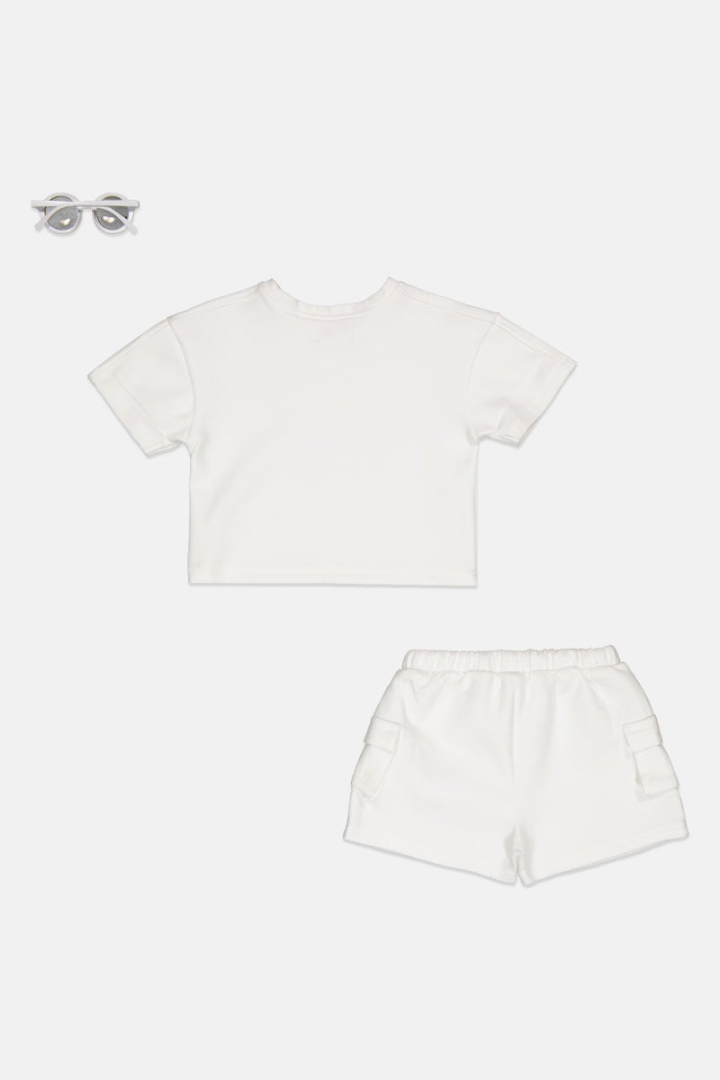 Fudo Kids Girl 3 Pieces Brand Logo T-Shirt And Shorts With Sunglasses, White - Image 2