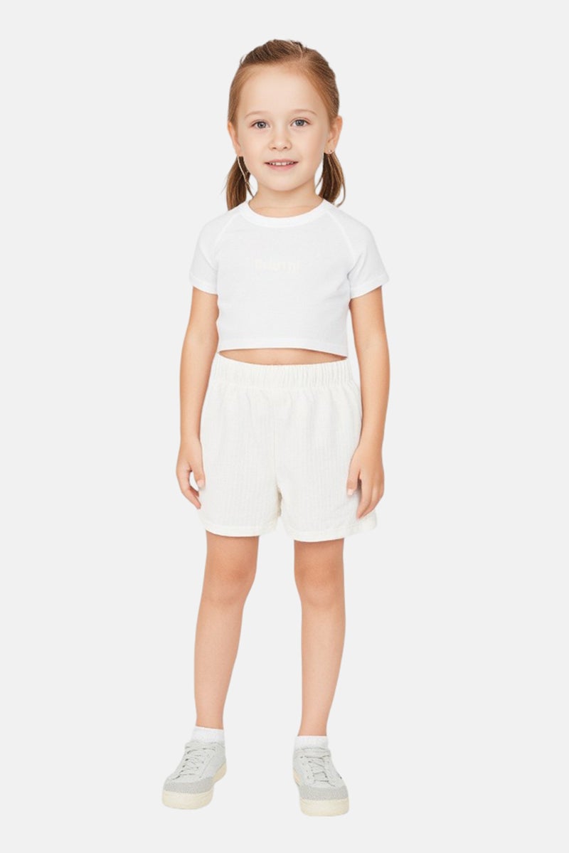 Fudo Kids Girl 3 Pieces Brand Logo T-Shirt And Shorts With Sunglasses, White - Image 1