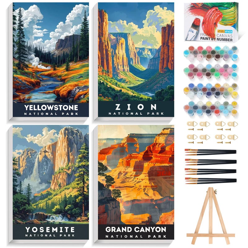 Offito 4 Pack Framed Paint by Numbers Kit for Adults with Wooden Easel, National Parks Easy Paint by Numbers with Frame for Beginners, Adult Paint by Number Kits Framed Canvas for Home Decor Gift 8x12 Inch - Image 1