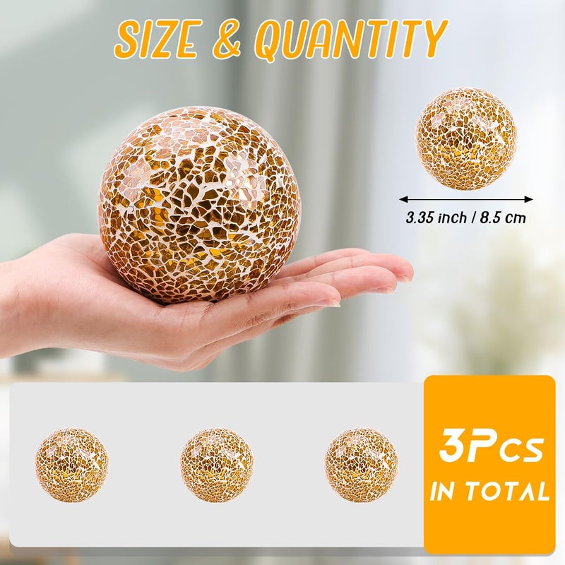 Yatinkim Mosaic Glass Ball 3pcs Decorative Balls for Bowls 3.35inch Gold Orbs Mirror Glass Orb Sphere for Dining Table Centerpiece Vase Living Room Wedding Party Decor - Image 2