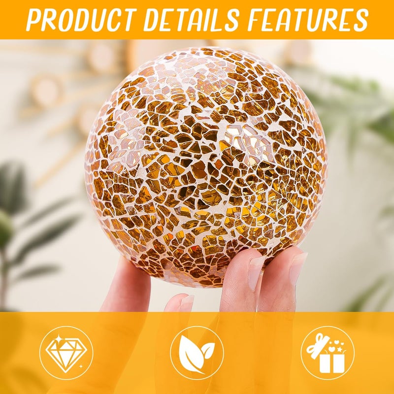 Yatinkim Mosaic Glass Ball 3pcs Decorative Balls for Bowls 3.35inch Gold Orbs Mirror Glass Orb Sphere for Dining Table Centerpiece Vase Living Room Wedding Party Decor - Image 3