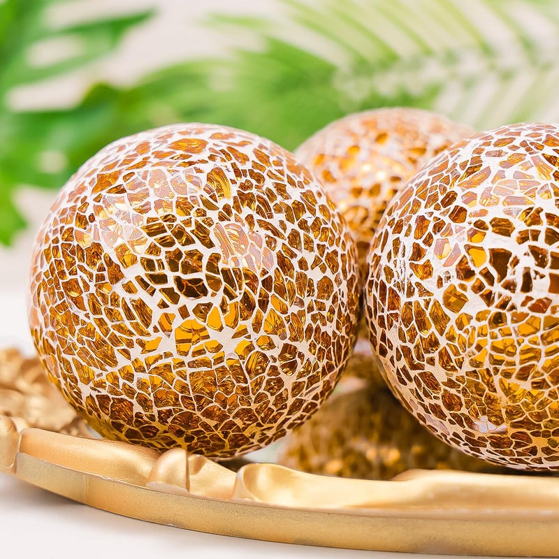 Yatinkim Mosaic Glass Ball 3pcs Decorative Balls for Bowls 3.35inch Gold Orbs Mirror Glass Orb Sphere for Dining Table Centerpiece Vase Living Room Wedding Party Decor - Image 4