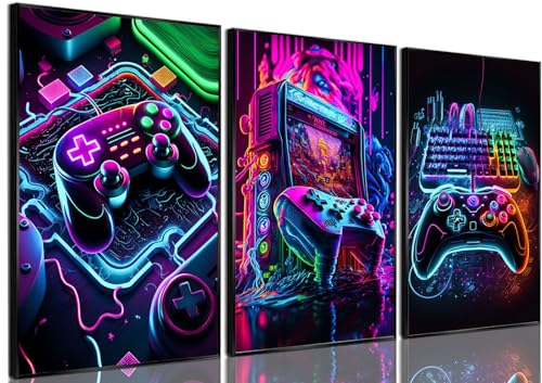 BGFCE Game Room Decor Posters Set of 3 - Neon Gaming Accessories Theme Canvas Wall Art, Gamer Console Paintings Picture Wall Decor for Children Youth Boys Bedroom 12x16 inch Unframed - Image 1