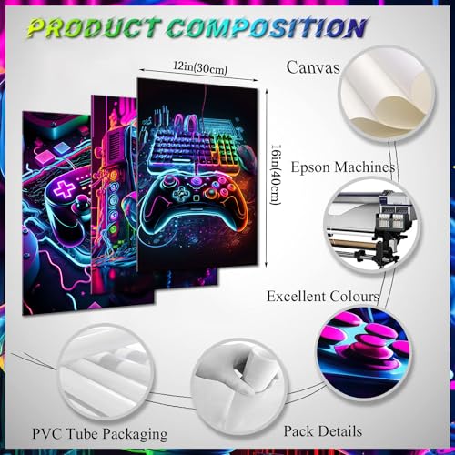 BGFCE Game Room Decor Posters Set of 3 - Neon Gaming Accessories Theme Canvas Wall Art, Gamer Console Paintings Picture Wall Decor for Children Youth Boys Bedroom 12x16 inch Unframed - Image 4