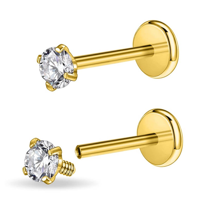 PunkTracker 16g/18g Surgical Steel Internal Thread CZ Stud Piercing Jewelry for Tragus/Nose/Helix/Conch/Medusa/Lip/Labret - Helix Tragus Cartilage Earring for Women Men 2PCS - Image 1