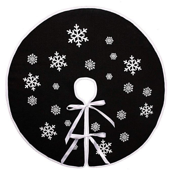 Black Christmas Tree Skirt 30 Inch Small Burlap Tree Mat with White Snowflake Printed for Xmas Tree Farmhouse Holiday Party Indoor Home Christmas Decorations